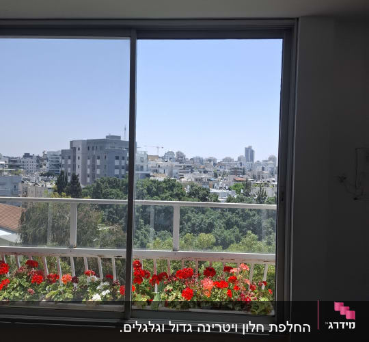 חלון זכוכית עם נוף לעיר ופרחים אדומים